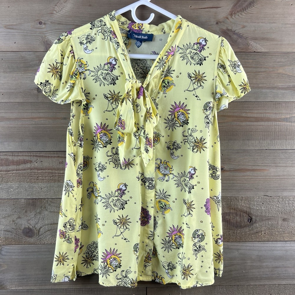 Modcloth Womens Shirt Fluttering Days Tie-Neck Blouse Horoscopes Zodiac Signs 1X